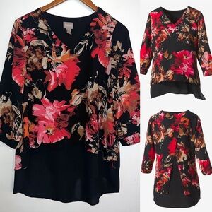 Chico’s Grandiose Bouquet Floral Print Layered Tunic Top Blouse Sz M